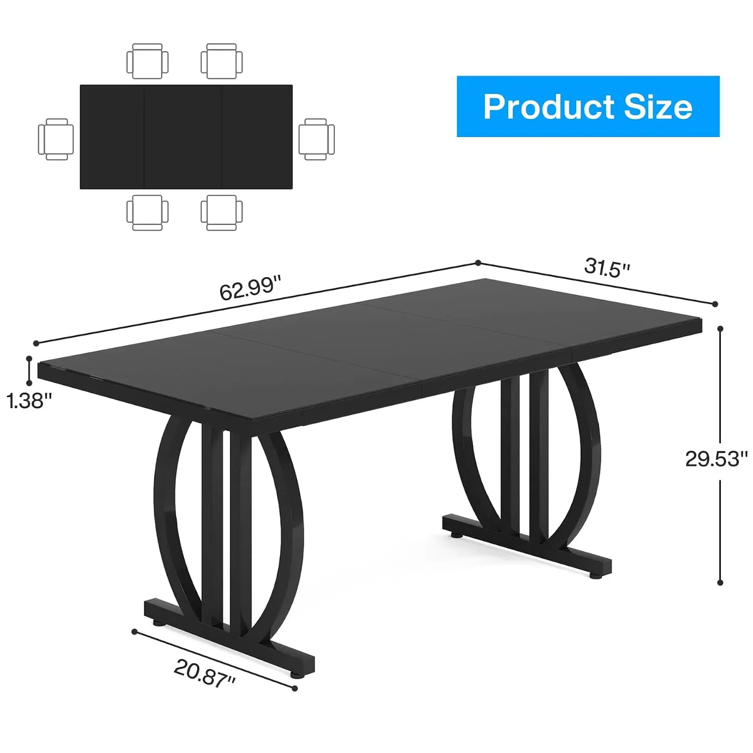 63-Inch Rectangle Dining Table for 6 with Metal Frame, Black Kitchen Dinner Table for Home & Dining Room, Customized