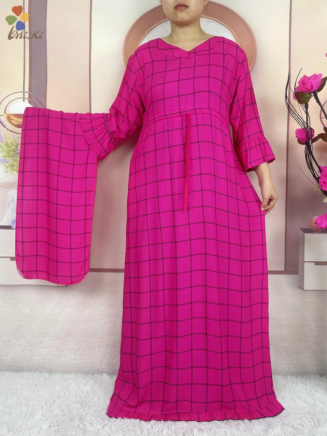 Hot Selling Kaftan Women Clothing Checkered Pattern Long Sleeved Cotton Dress Dubai African Women Dress Islamic Casual Clothing