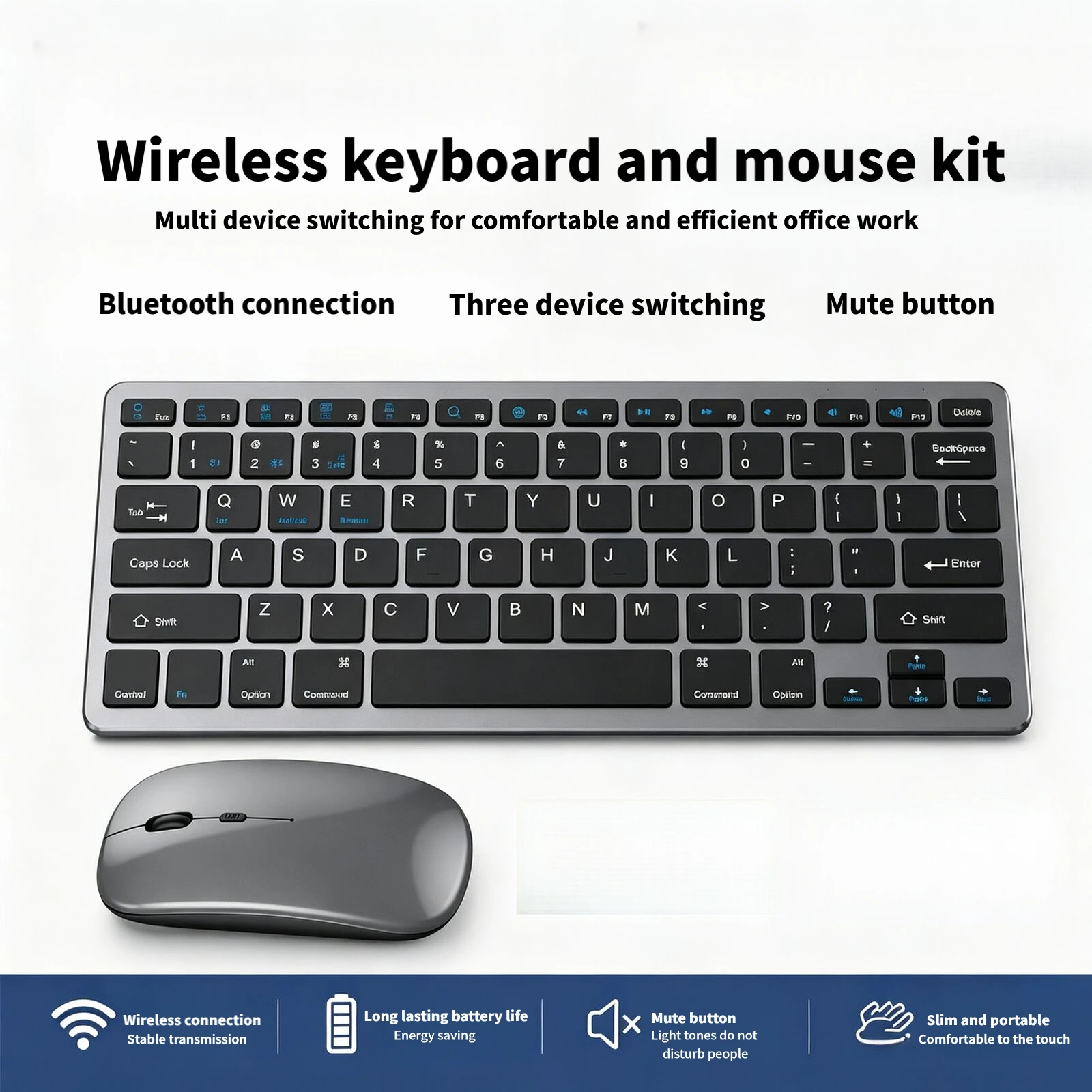 Wireless Keyboard and Mouse Set Bluetooth 2.4G Wired Rechargeable Silent Kit Compatible with Multiple Devices Home Office Use