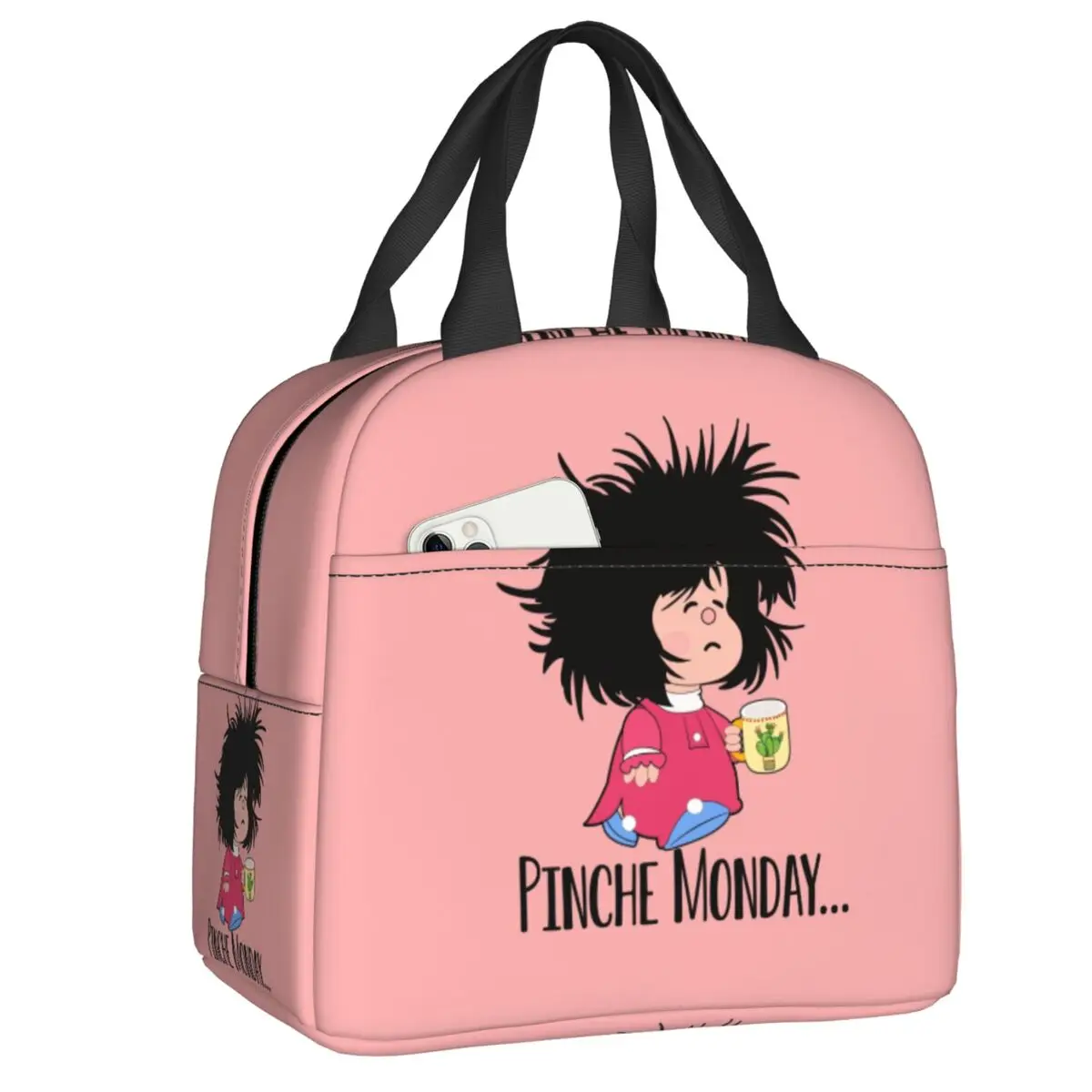 

Custom Pinche Monday Funny Mafalda Insulated Lunch Bag for Women Quino Argentina Thermal Cooler Bento Box Office Work School