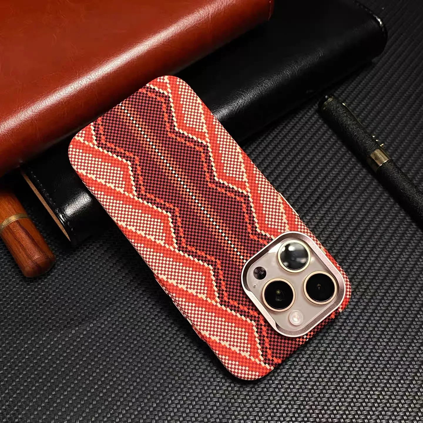 

3D Serpentine Relief Carbon Fiber Texture Magsafe Phone Case For iPhone 17 16 15 Pro Max Wireless Charging Alloy Lens Hard Cover
