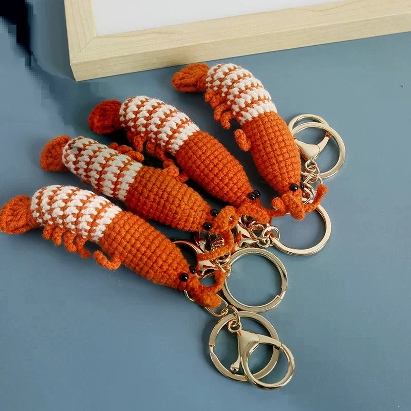 Cute Shrimp Bag Charm Keychain Cartoon Mini Handmade Knitted Car Keychain Creative Novelty Backpack Handbag Pendant Gift