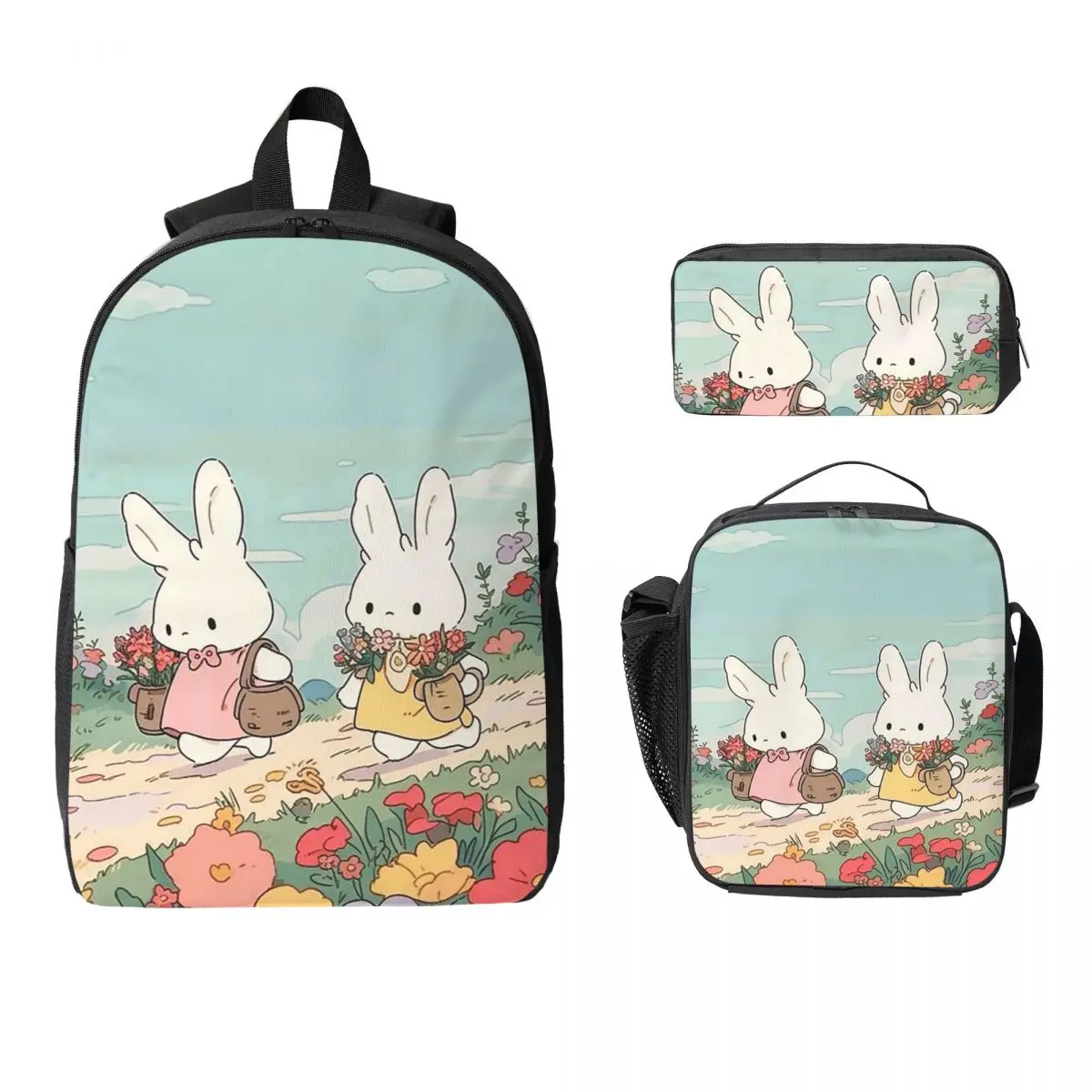 Two Whimsy Rabbit Backpack Boys Girls BookBag School Bag Laptop Shoulder Bags 3ps Insulated Lunch Bag Pencil Case