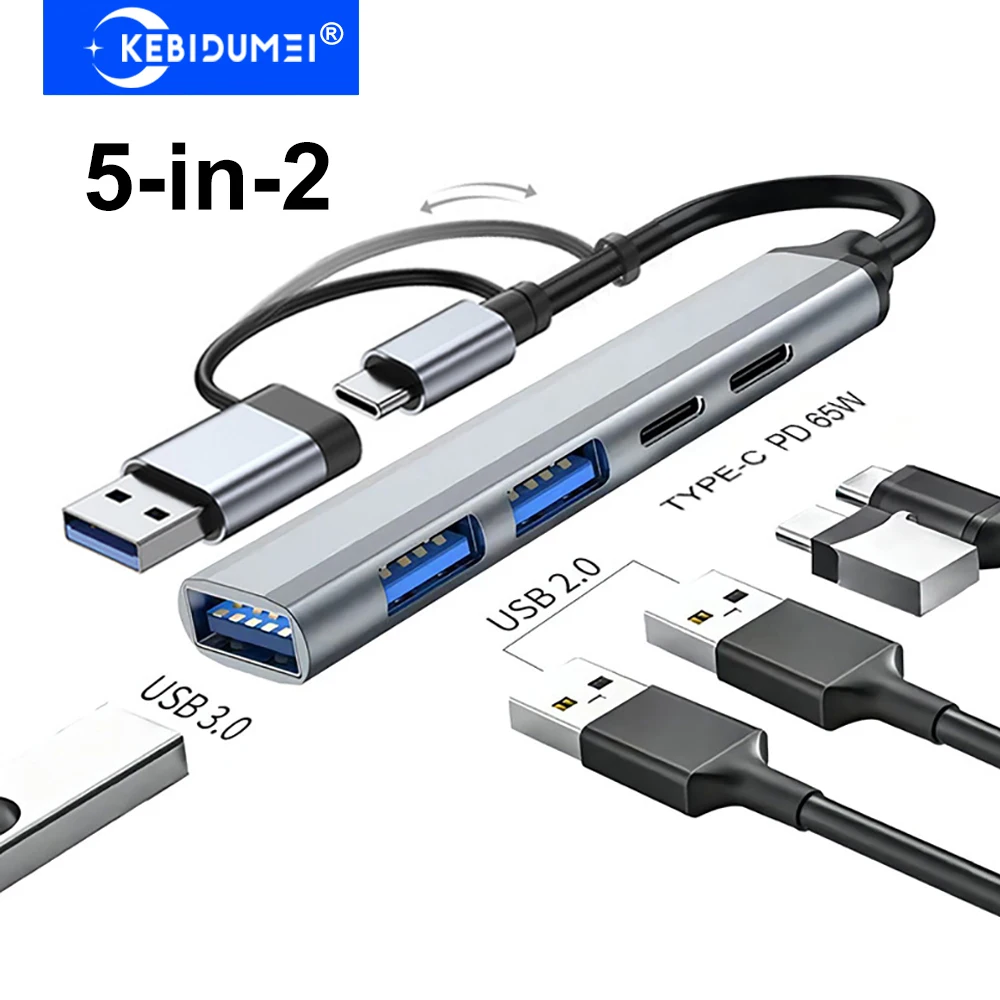 5-IN-2 USB C HUB Type C to USB 3.0 HUB PD 65W Multi USB Splitter Adapter OTG For Lenovo Macbook Pro Computer Accessories