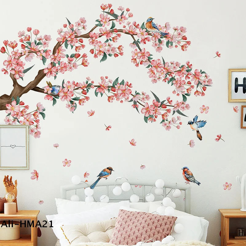 Creative Colorful Ink Wash Floral Peach Tree Branch Bird Wall Sticker Background Wall Home Decoration Self-adhesive Wall Sticker