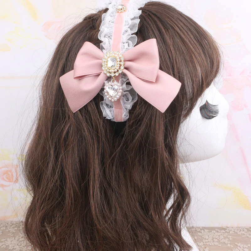 إكسسوارات الشعر الحلو القوس عصابة رأس للنساء Kawaii لوليتا الماس Bowknot الكشكشة عصابات الشعر الناعمة فتاة أغطية الرأس