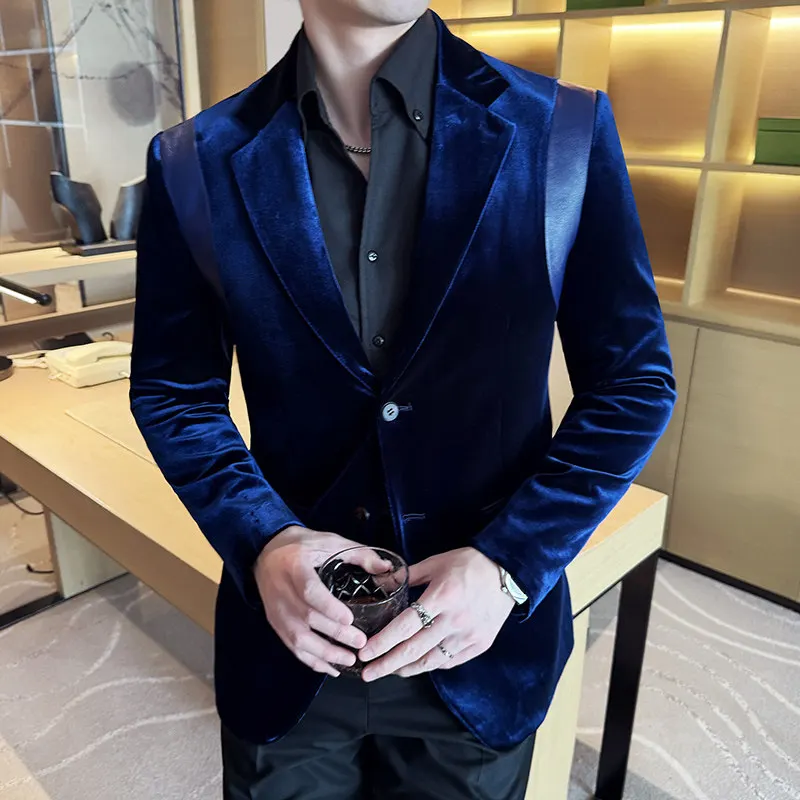 

Мужской зимний костюм из синего шелкового бархата: пиджак, пальто для выступлений, наряд для певца, приталенный крой, повседневная одежда в западном стиле, полиэстер