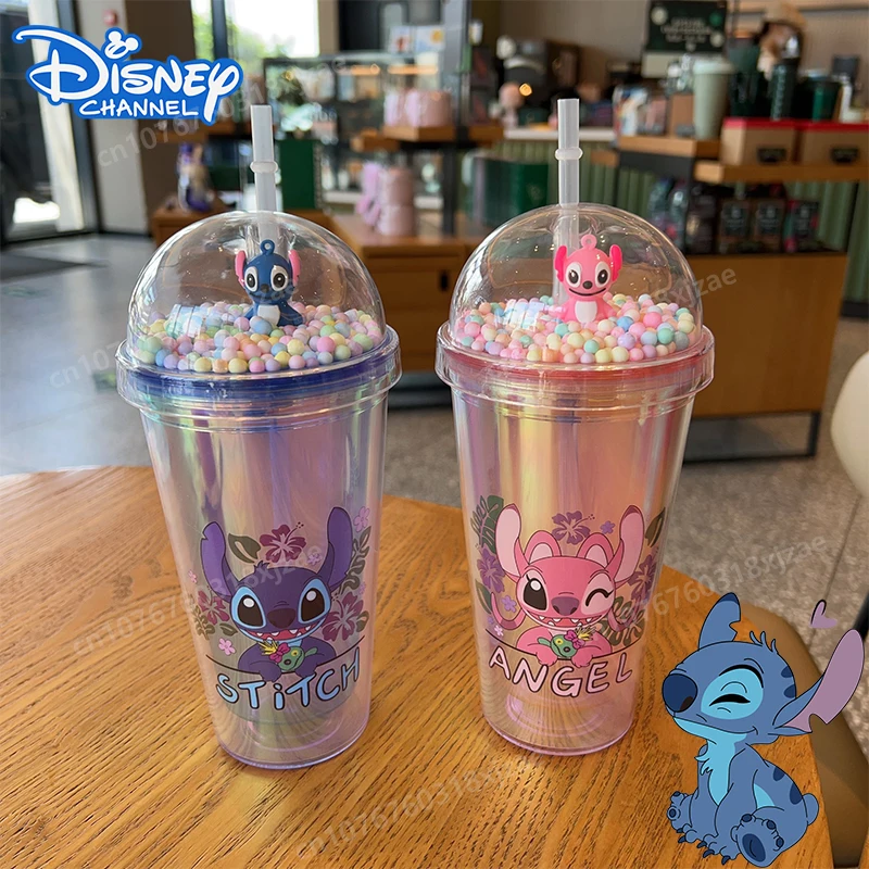 

2024 New Disney Stitch Bright Laser Plastic Cup Cartoon Cute Double-deck Straw Cup High Level Summer Laser Water Bottle Kid Gift