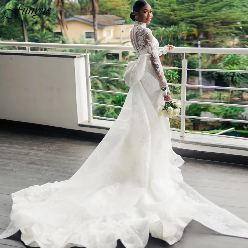 Funyue Robe De Mariée Long Sleeve Wedding Dress with Bows High Neck Mermaid Lace Bridal Dresses 2024 Bride Gown Veils Included
