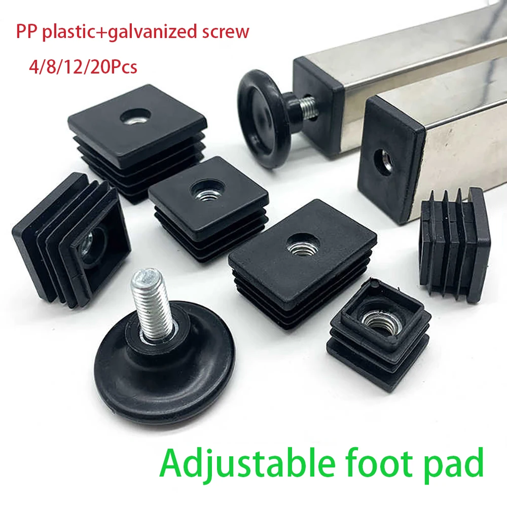

4-20Pcs PP Plastic Square/Round Adjustable Feet Pad M10 M8 Table Chair Furniture Leg Non-Slip Cover Pipe End Cap Floor Protector
