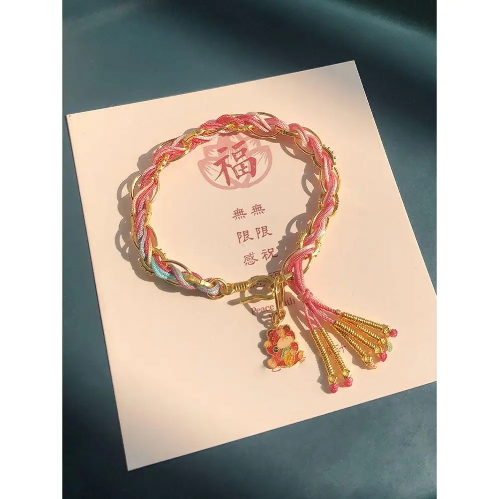 Ancient Gold Color High Temperature Burning Blue Handmade Wire Han Rope Tassel Cute Girl Heart Big O Chain Gold Plated Bracelet