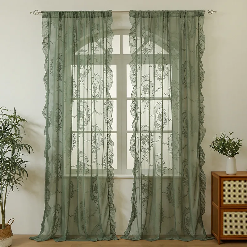 French-Style Pastoral Lace Gauze Curtain Solid Color Decoration Home Bedroom Half-Shaded Ruffled Edges Window Curtains