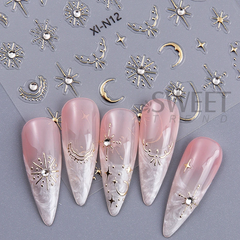 3D Gold Silver Star Moon Bronzing Nail Adesivo, metálico, linha estilo Boho, strass Design, adesivos Slider decalques, Manicure Decor