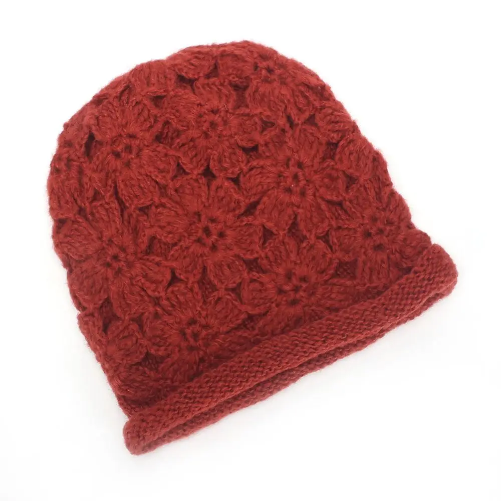 Warm Hollow Handmade Crochet Hat Thick Knit Double-Layer Knitted Beanie Hat Cold Weather Wear 3D Flower Thick Winter Hat Outdoor