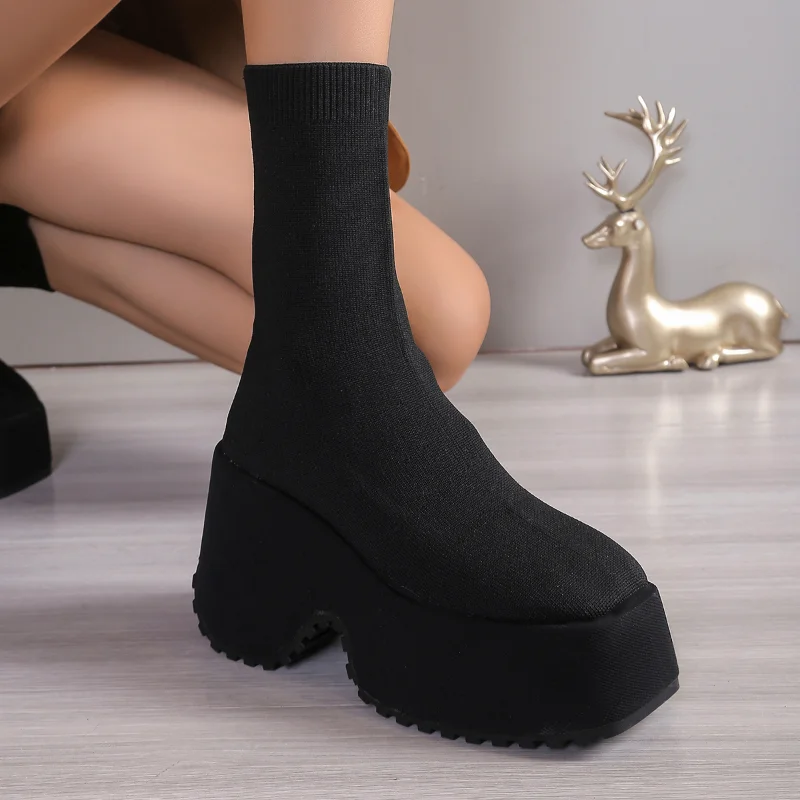 Platform Shoes Female Short Boots High Heels Gothic Lolita Elegant Boot and Ankle Boot for Women Plus Size Black Designer Tights