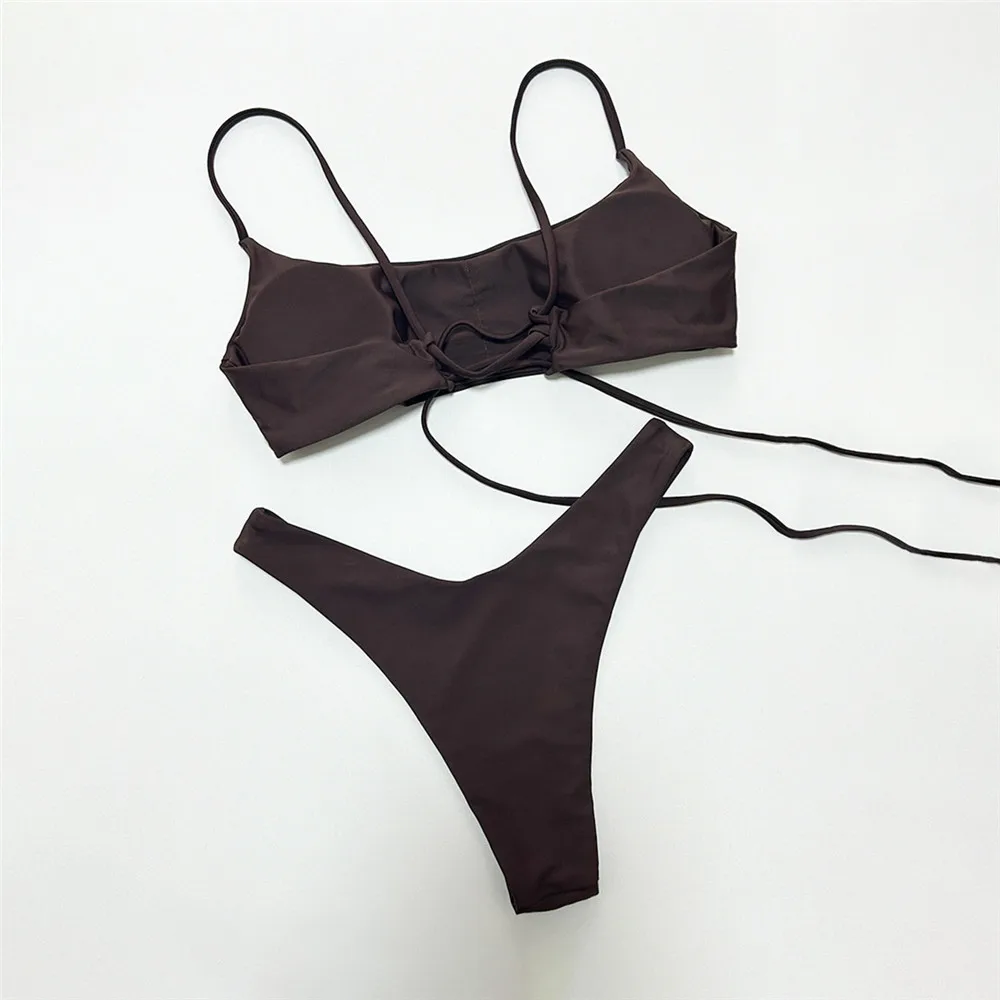 Brown Bandeau Micro Bikini Set Back String Lace-up Sexy Swimsuit Solid Swimwears Woman 2026 High Cut Bathing Suit Bikinis Femmes