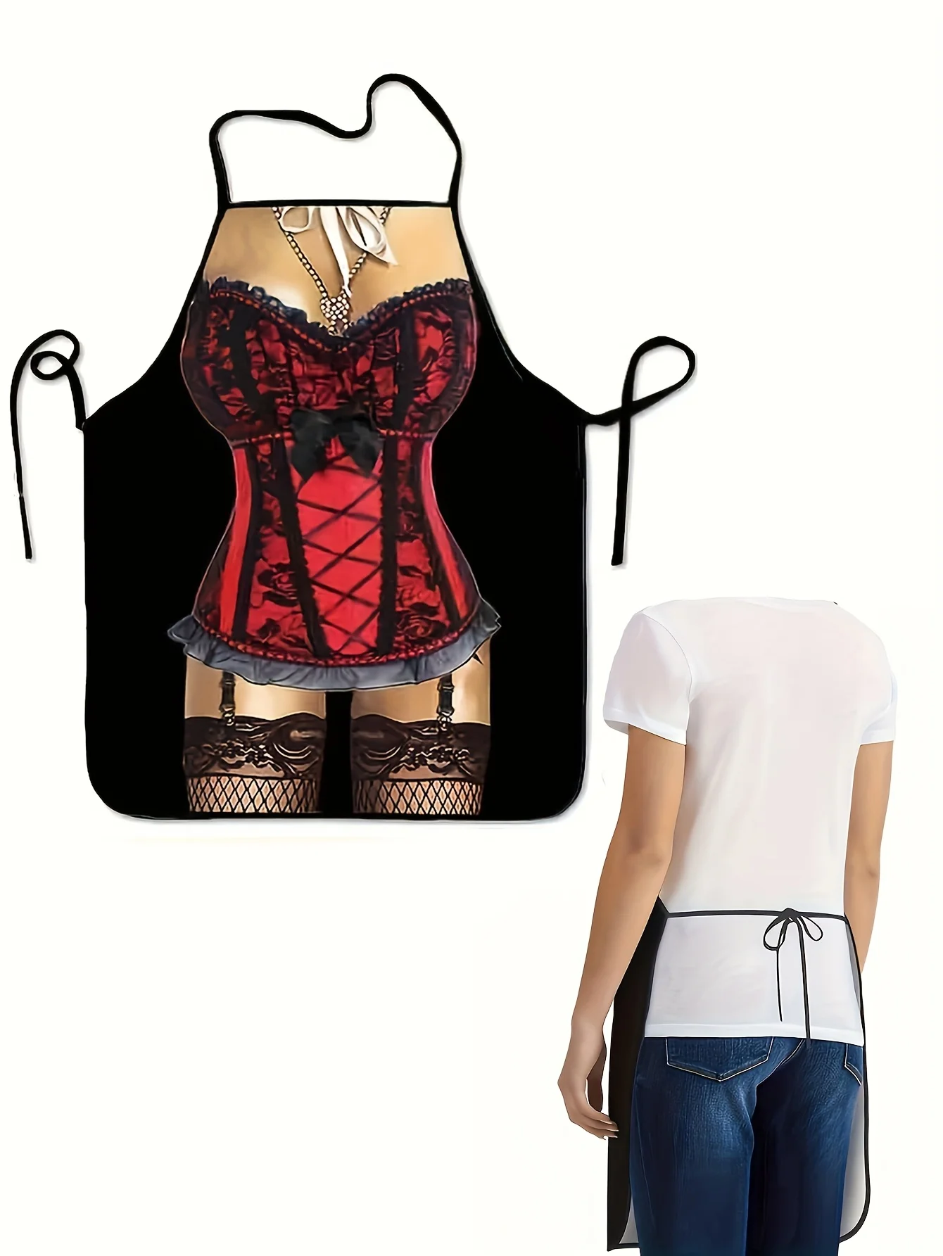 pc Women’s Sexy Fashion Apron with Red Lace Bodice & Black Mesh Skirt - Cross-Back Design All-Season Kitchen & Party Wear