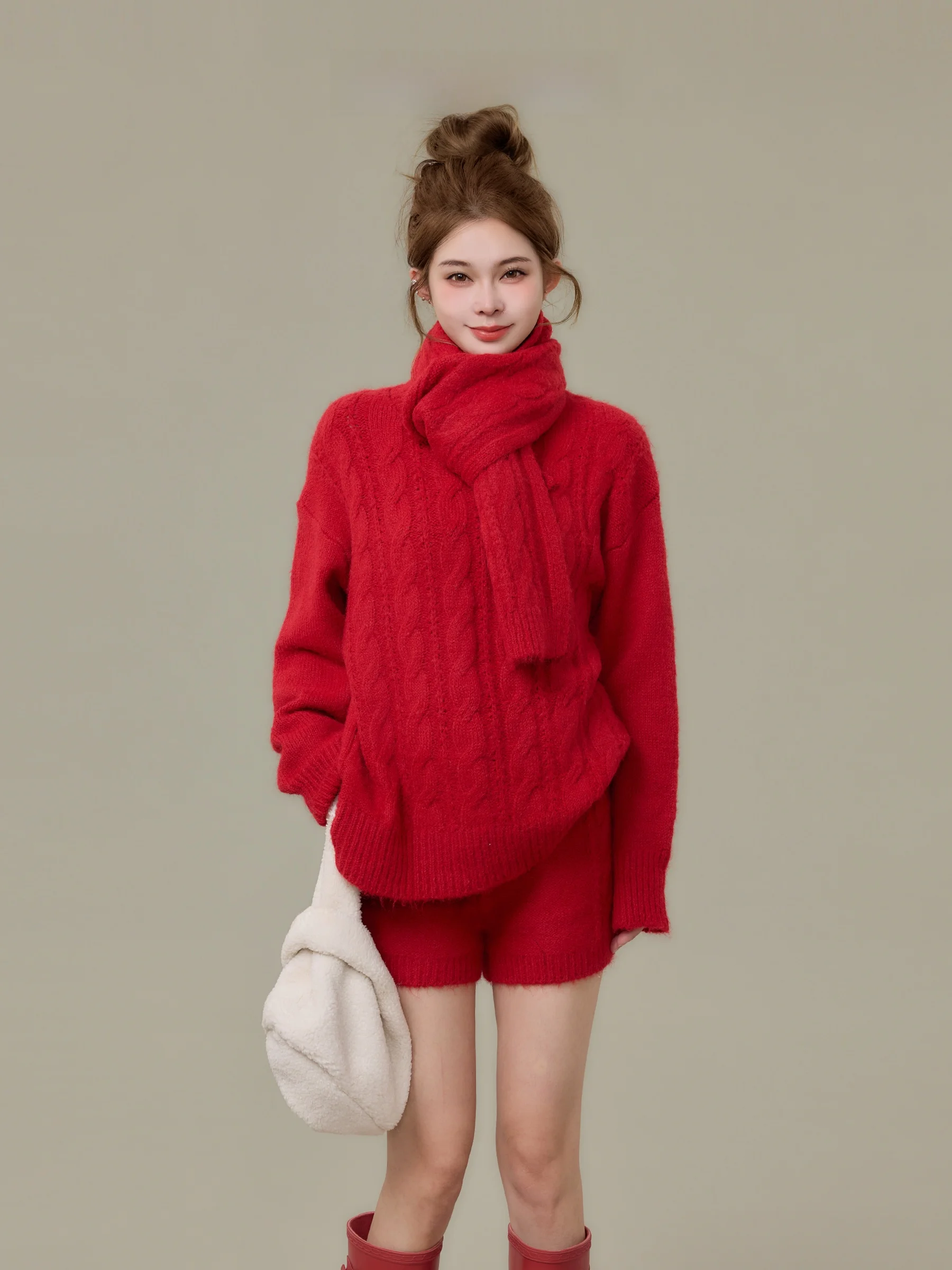 

New Year's Red Knitted Loose Sweater And ort Skirt Set for Women Casual Sle Mid-Length Coat High Waist Trousers Tee-Pie...