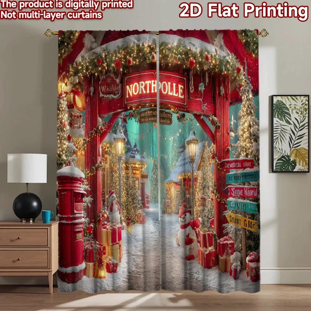2D flat 2pcs Curtain Retro Country Style Christmas North Pole Village Durable polyester fiber Festive Holiday Use for Home Decor
