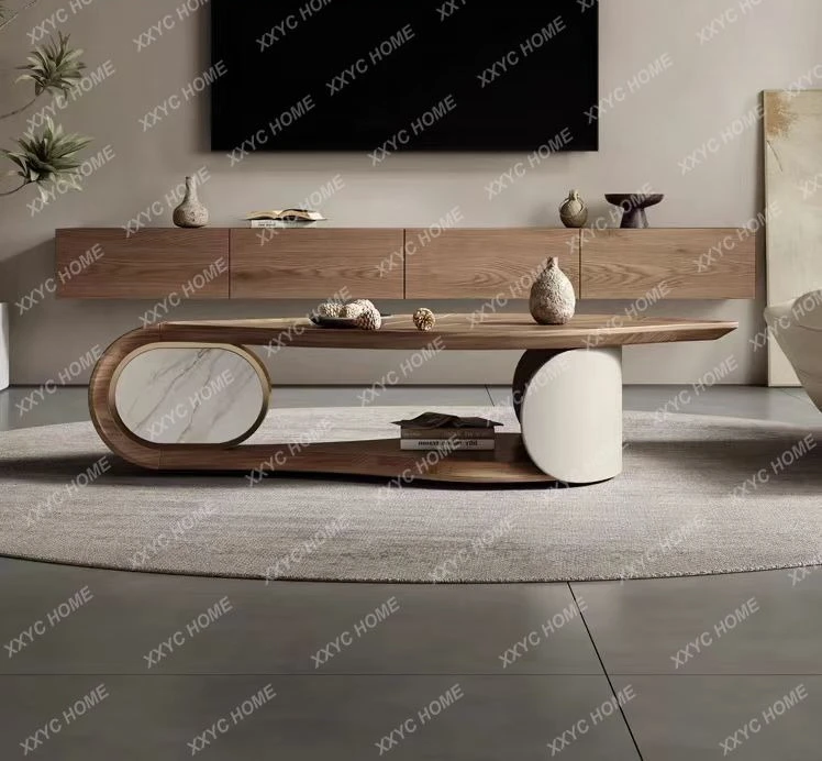 

MM Living room special-shaped coffee table modern medieval walnut leather high-end Italian coffee table