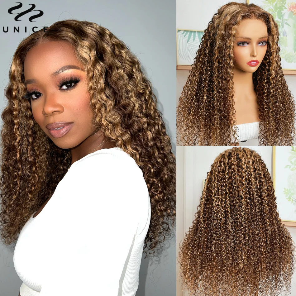 UNice Hair Honey Blonde Curly Lace Wig Pre Bleached Pre Cut 7x5 Lace Closure Gluleless Wig Human Hair Lace Wigs Ready To Wear Go