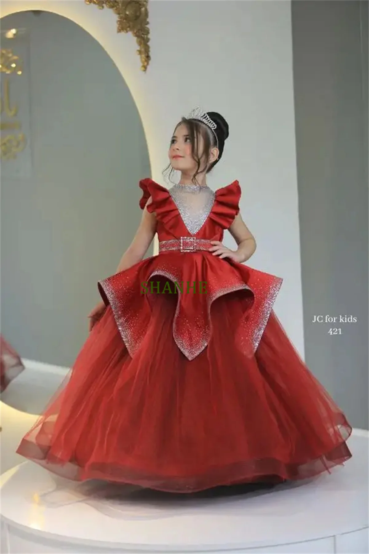 CustomizedFlower Girl Dress Illusion Beading Sparking Beads Stones High-neck Fly-sleeve Ball Gown Maxi Skirt for Toddler 1-14T