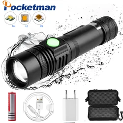 Lampe de poche puissante Rechargeable à lumière LED, Zoomable, T6/L2/V6, torche étanche, utilisation pour le Camping, 18650