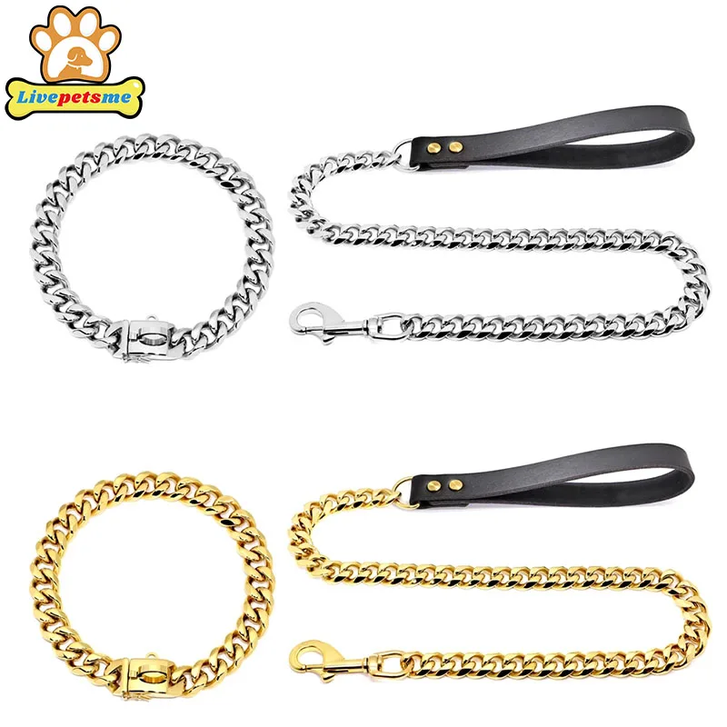 

304 Stainless Steel Dog Chain Collar and Leash, Super Strong, Metal Necklace, Choke, Silver, Gold, Adjustable Pet Lead Rope