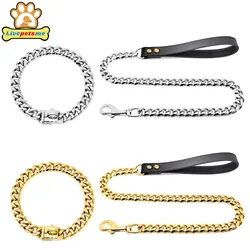 304 Stainless Steel Dog Chain Collar and Leash, Super Strong, Metal Necklace, Choke, Silver, Gold, Adjustable Pet Lead Rope