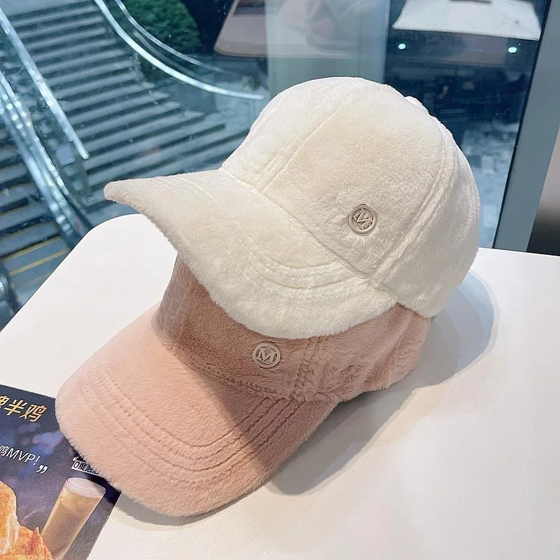 New hot product  2025 Korean M Letter Baseball Cap - Autumn Winter Thickened Rabbit Fur Peaked Hat, Versatile Style