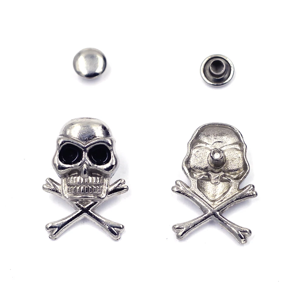 Antique Silver Tone Punk Skull Crossbone Spike Garment Rivets Studs Spots Sewing Bags Shoes Wholesale 24x17mm 7mm