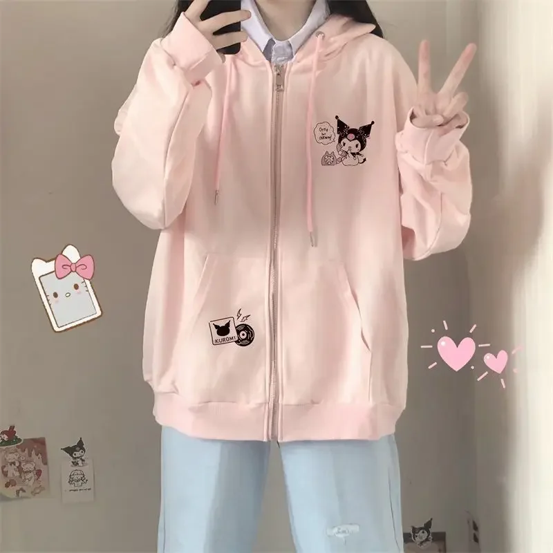 Japanese Sanrio Kuromi Cute Cartoon Embroidered Hooded Cardigan Female Spring Autumn Loose Pink Vintage Cardigan Zip Up Hoodie