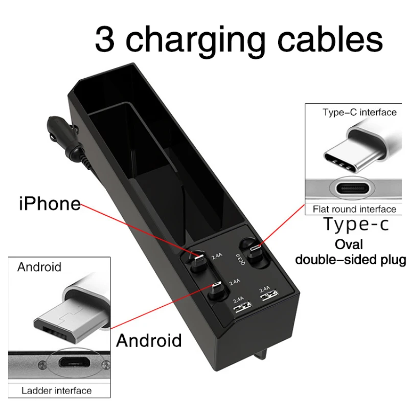 Chargeur de voiture livré avec câbles, boîte de rangement pour espace de siège de voiture