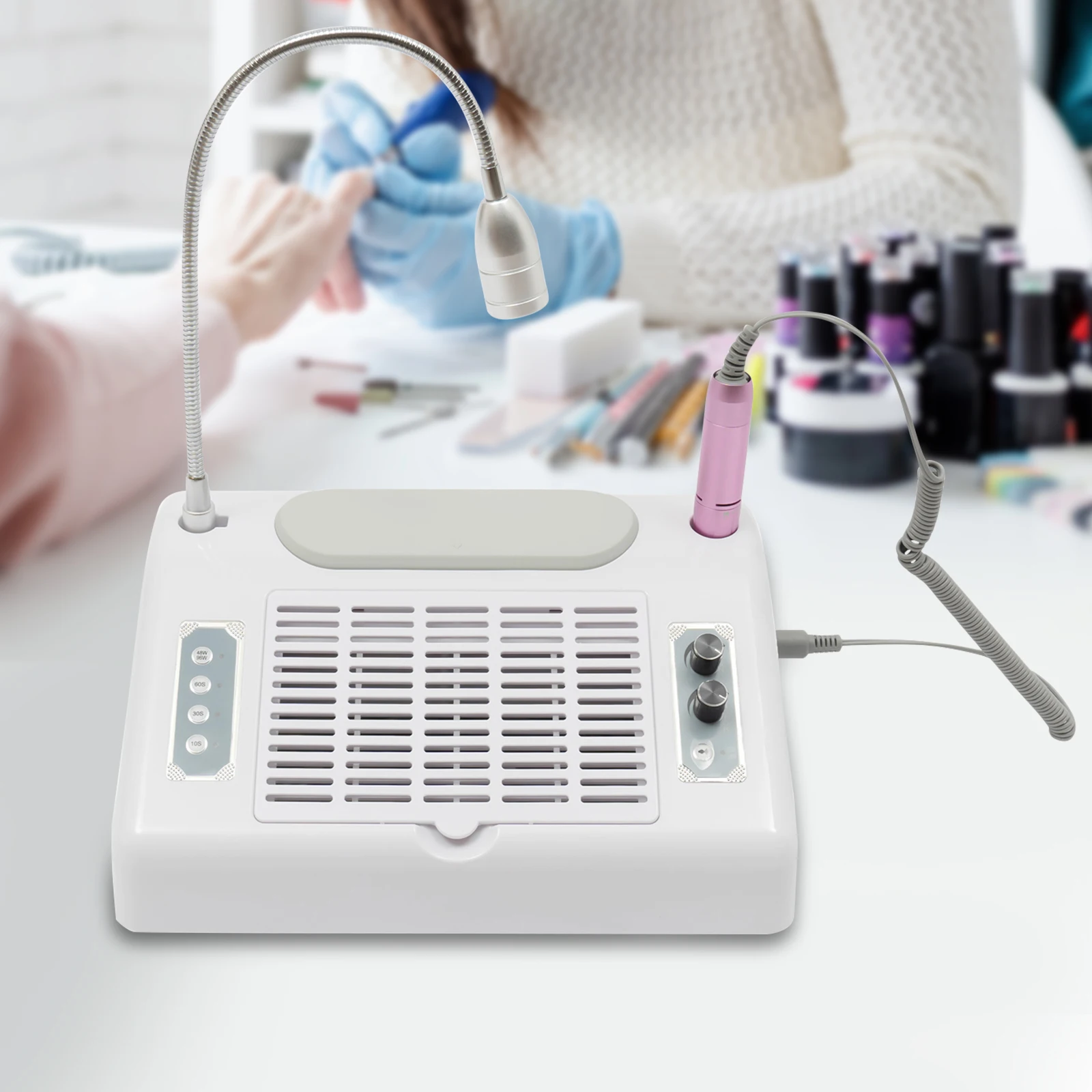 5-in-1 Professional Nail Drill Machine with Vacuum, LED Lamp, Dust Collector & Curing Light for Home Salon Manicure Pedicure