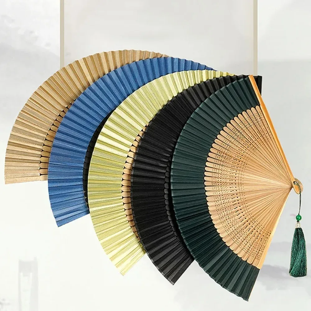 Decorative Fan Carved Handle Bamboo Folding Fan Handhold Vintage Chinese Fan with Tassel Dance Fan Gift