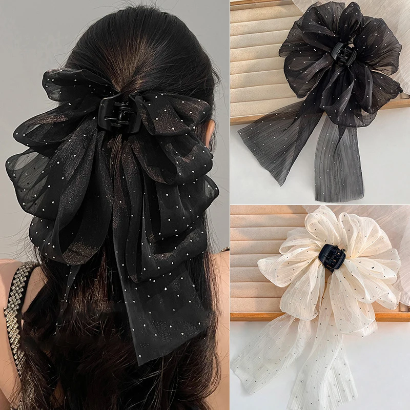 

Korean Style Fashion Large Bow Ribbon Hair Claw Super Fairy Temperament Glitter Rhinestone Hair Clip Girl Sweet Hair Accessories