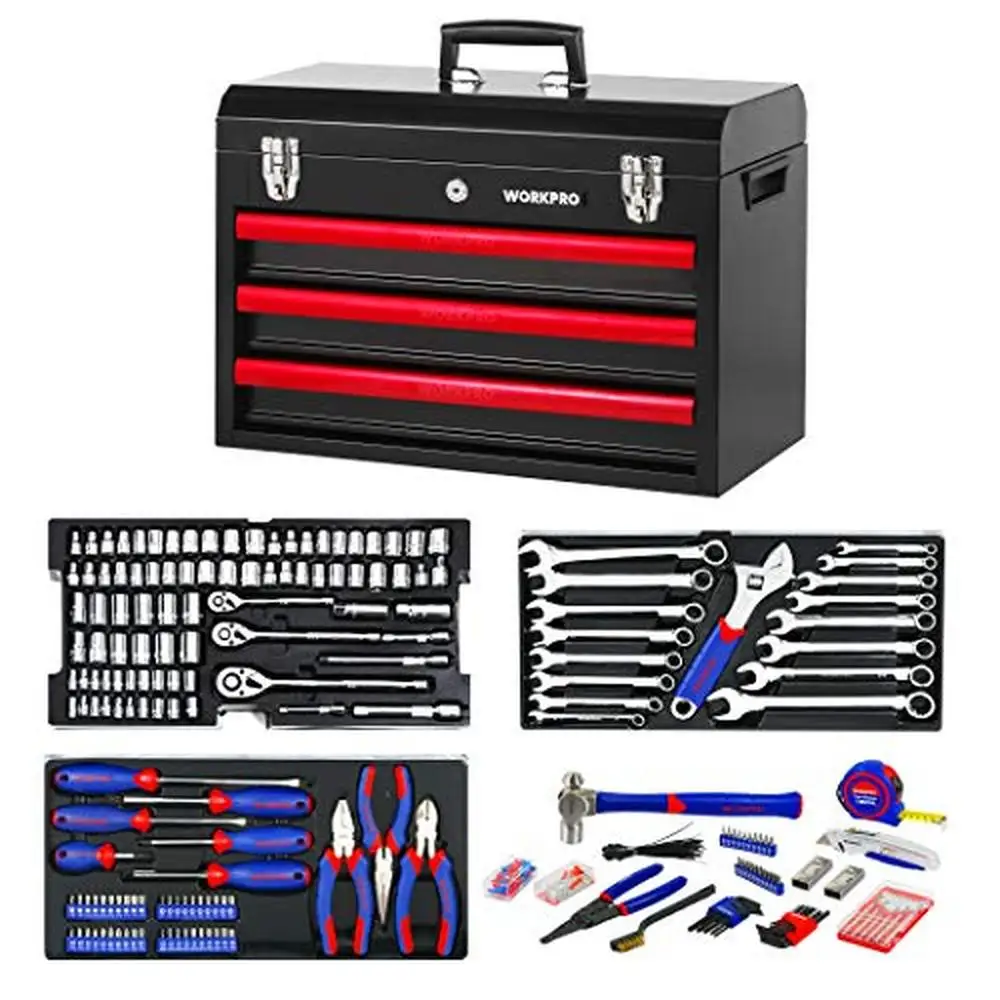 Complete Household Tool Set Mechanics Repair Kit 408 Pieces Metal Box Hand Tool Kit Set 3 Drawer Heavy Duty Ideal DIY Workshop