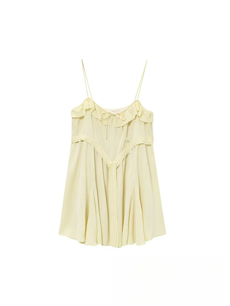 KONDALA Casual Chic Sweet Women Yellow Cami Dress Bow Tierred Solid Mini Vestidos New Fashion 2025 Spring Summer Holiday Dress