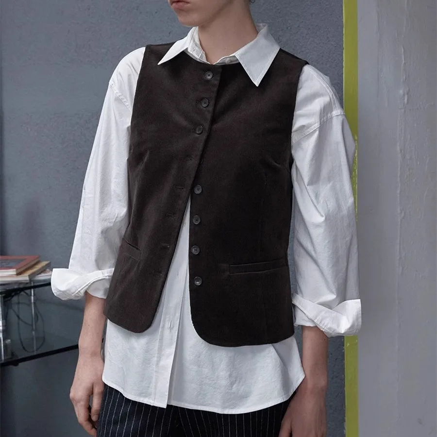 Retro Briti Sle Corduroy Layering Vest Casual Tank Top Women's Faion Commute Single Button round Ne Pure Color 2025 W...