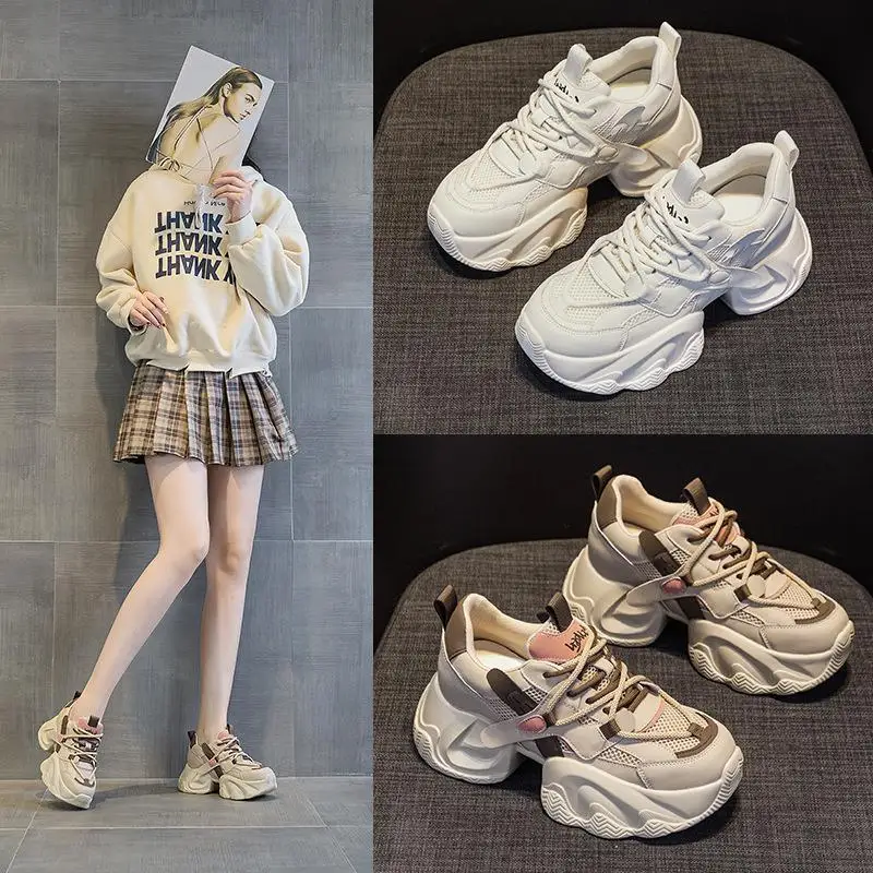 

Genuine Leather Shoes with Laces Thick Bottom Inner Heightening 8cn Versatile Fashionable Casual Style round Toe PU Material