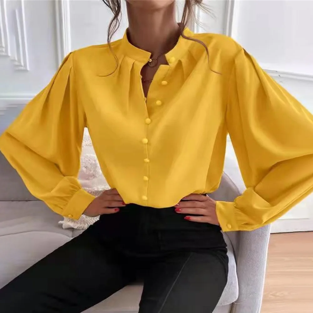 

Shirts for Women 2022 Spring Stand Collar Lantern Sleeve Office Lady Blouses Casual Long Sleeve Button White Shirt Tops Femme