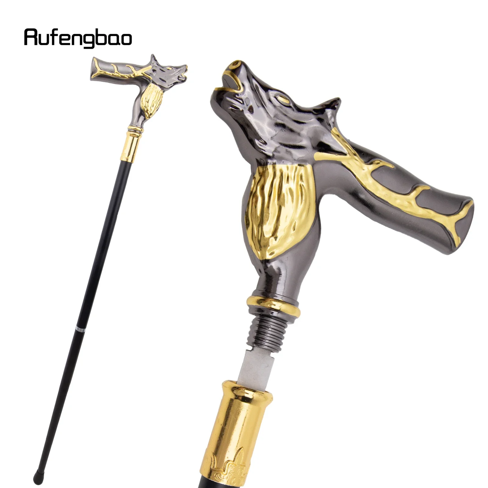 Golden Black Deer Walking Stick with Hidden Plate Self Defense Fashion Cane Plate Cosplay Crosier Stick 92cm