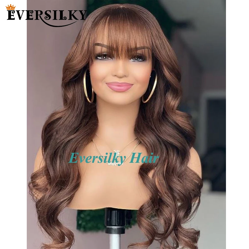 Caramel Brown Body Wave Fringe 360 Lace Frontal Human Hair Wigs with Bangs Glueless 5x5 Lace Closure Wigs for Black Women Remy