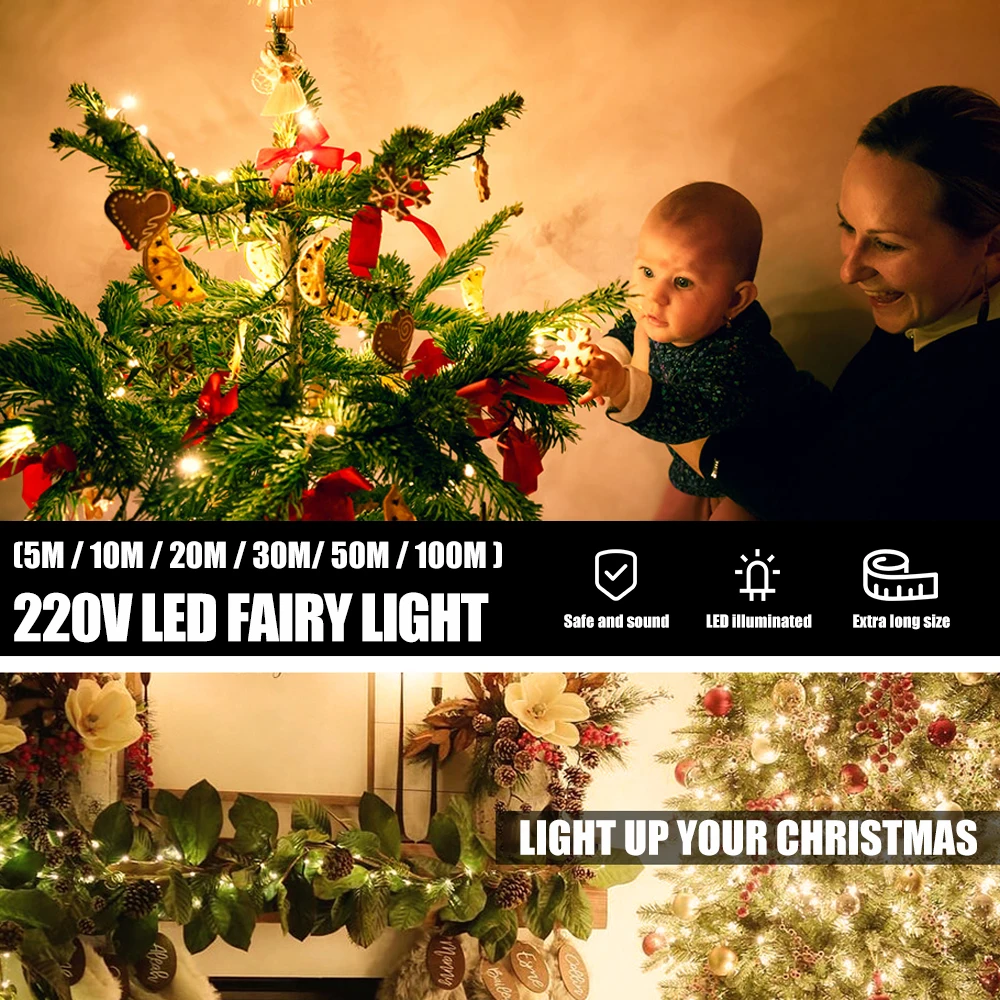 Christmas light Holiday Outdoor 5M-100M LED String Lights Garland Street Fairy Lamps Patio Garden Home Tree Wedding Decoration