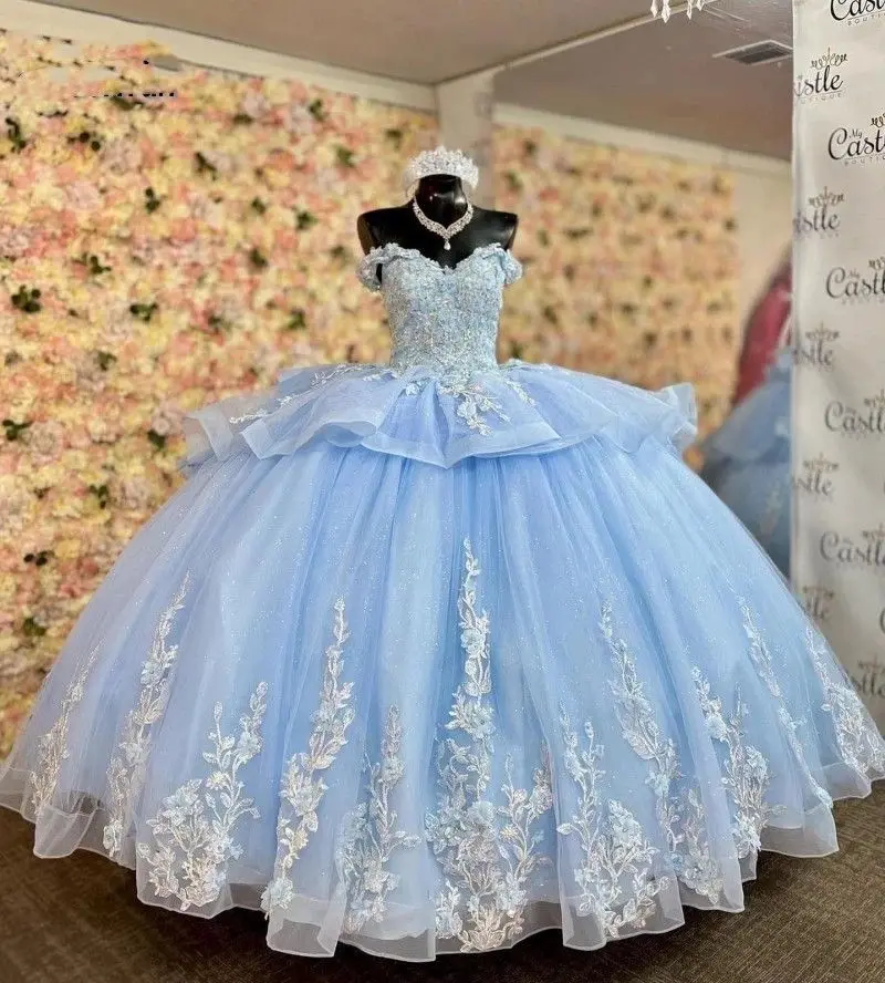 

Lorencia синее платье для Quinceanera 2023 бальное платье кружевное 3D Цветы аппликация корсет бусины милое 16 платье Vestidos De XV Anos YQD376