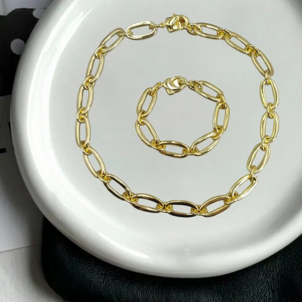 2026 Spain Simple Cool Style Gold Silver Hollow Elliptical Ring Bracelet Necklace Jewelry Two Piece Set Neutral Gift