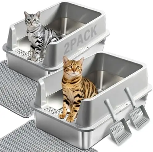 2PACK XL Stainless Steel Litter Box with Lid, Extra Large Cat Litter Boxes | High Sided, Never Absorbs Odors