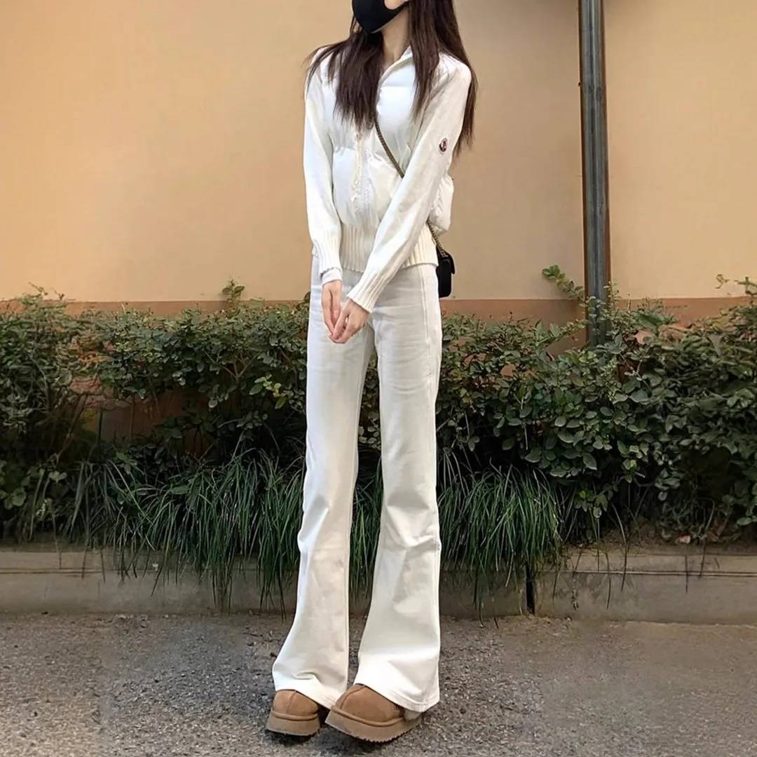 High Waist Elastic White Bell Bottom Jeans Women's Spring Autumn Design Slimming Jeans for Pear Shaped Body Washed Cotton Denim