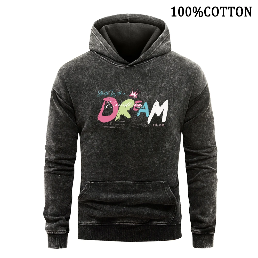 Cartoon Letter Dream Man Hoodies Vintage Washed 100% Cotton Hoodie Oversized Pullover Flexible Comfort Sports Shirt Clothing