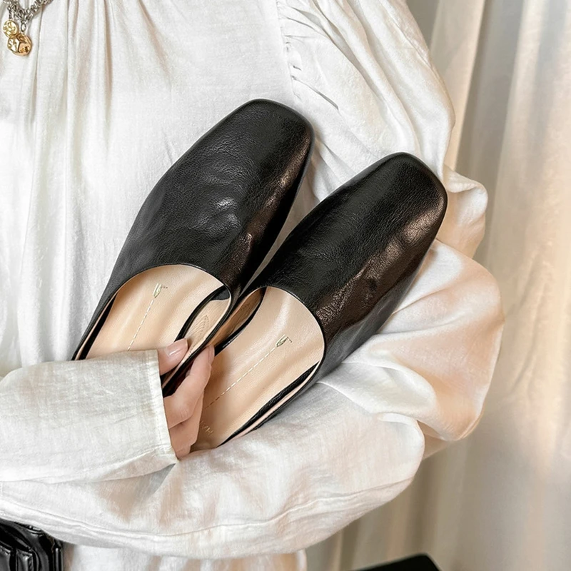 NEW Summer Women Mules Genuine Leather Shoes for Women Cover Toe Slip-on Slippers Concise Black Square Toe Low Heel Daily Shoes